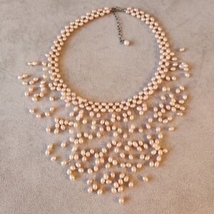 Cascading bib necklace pink pearl beaded 925 silver bridal pastel clean beauty